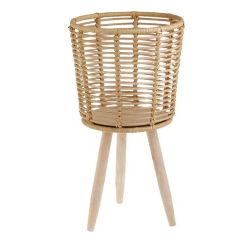 Bézs fonott rattan virágcserép fa lábakkal, 25x46.5cm