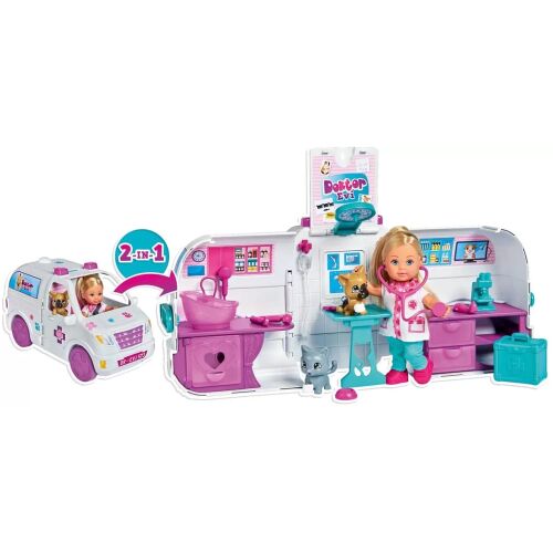 Simba Toys Doctor Evi 2 az 1-ben állatjátékkészlet, egy fehér állatorvosi autó, amely átalakul egy teljesen felszerelt állatorvosi rendelővé babával, háziállatokkal és kiegészítőkkel