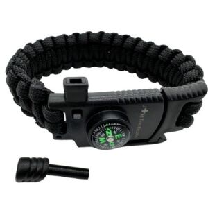 Fekete paracord túlélő karkötő iránytűvel, tűzgyújtóval, síppal és késsel - Vadászat