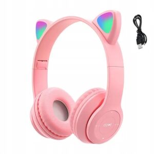 Bluetooth fejhallgató RGB LED, macskafül modell, USB töltés, memóriakártya foglalat, rózsaszín