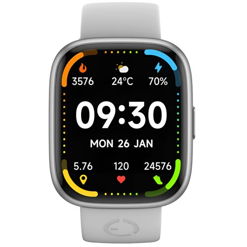 Smartwatch EcoWatch 6 с бяла силиконова каишка, показващ час, дата, пулс, стъпки и процент на батерията