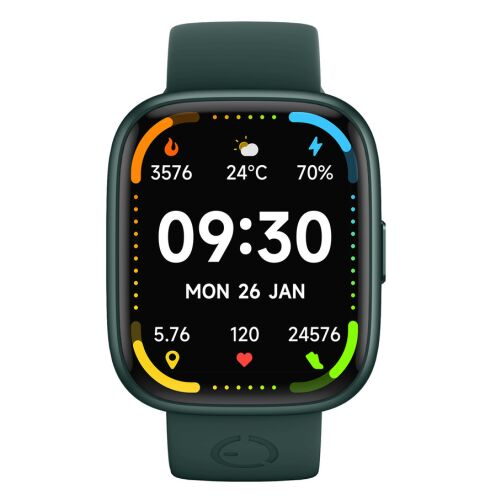Pametni sat EcoWatch 6, zelene boje, s aktivnim zaslonom koji prikazuje vrijeme, datum, korake, otkucaje srca, vremensku prognozu i razinu baterije