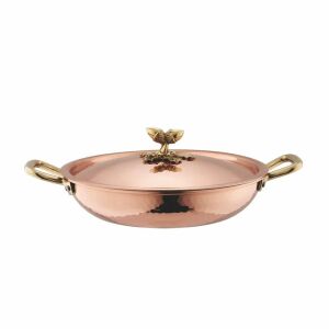 Ruffoni Paella serpenyő fedéllel, Historia Collection, Ø 28 cm, kézzel készített Olaszországban, réz és rozsdamentes acél anyag, kézzel faragott bronz fogantyúk, integrált akasztó, kompatibil