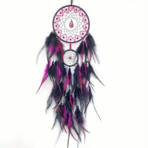 Álomfogó álomcsapda rózsaszín és fekete tollakkal, kézzel készített fali dekoráció - Álomfogó
