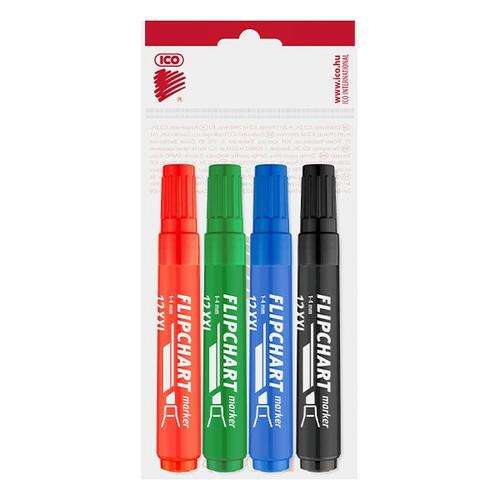 ICO Flipchart marker set, 4 pack, 1-4mm chisel tip, water-based ink, red, green, blue, black