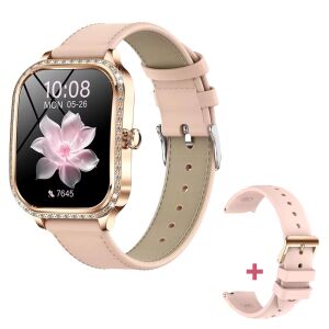 Okosóra, SmartWatch MK88, Bluetooth hívás, fizikai aktivitás és pulzusmérő, kalóriaégetés követése, véroxigénszint-mérés, vérnyomásmérő, alvásfigyelő, lépésszámláló, vízálló , Android és iOS kompatibilitás, stílusos megjelenés, bőr karkötő + szilikon szíj, arany-rózsaszín