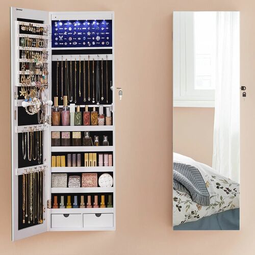 Függesztett tükör ékszertárolóval, fehér, 108 cm