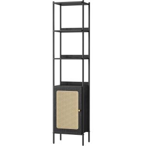 VASAGLE 6 szintes könyvespolc, fém keret, Boho Rattan hatású ajtó, 30x40x175 cm, fekete