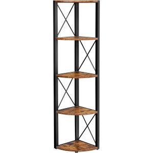 VASAGLE Rohová knižnica s 5 poschodiami, kovový rám, industriálny štýl, 30x30x160 cm, rustikálna hnedá