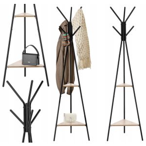 Колаж от черна метална закачалка за дрехи с MDF рафтове, палто, шал и портмоне - Съхранение и сортиране