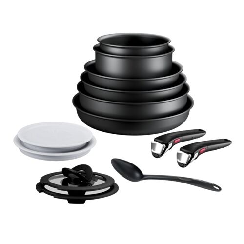 Tefal Eco Resist 13-Piece Cookware Set with pans, pots, lids, removable handles, and utensil