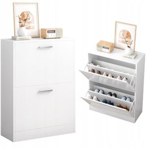 Collage des weißen Schuhschranks, geschlossen und geöffnet - Schuhregale