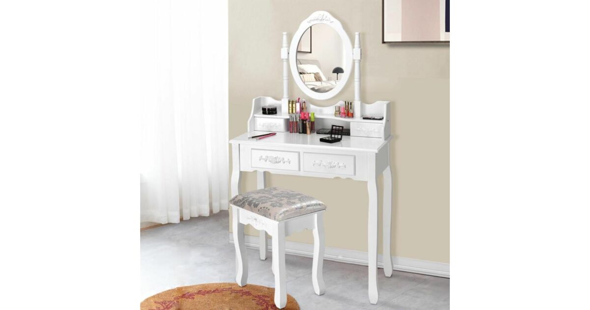 Pepita Vintage 4-Drawer Combing Table with Chair + Gift Make-up/Cosmetic Organizer 125598157
