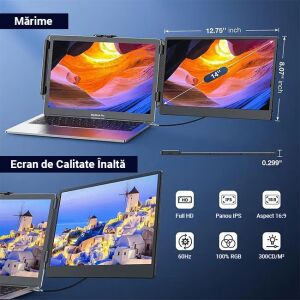 Hordozható LED monitor laptophoz, 14 hüvelykes Full HD képernyő, kompatibilis a 13 - 17 hüvelykes kijelzőkkel, 180 fokos forgatás, kompatibilis iOS, Android, Windows, Mac rendszerekkel, USB-C
