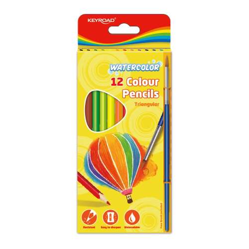 Sada farebných ceruziek akvarel s trojuholníkovým štetcom 12 ks/blister keyroad aqua fun zmiešané farby 41315901