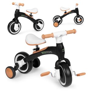 Ecotoys 3-in-1 black balance bike and tricycle for kids, with training wheels and pedals - Ecotoys