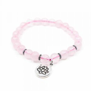 Rosenquarz Armband mit Lotus-Anhänger, 8 mm Perlen, elastischer Faden, silberner Anhänger - Schmuck für Damen