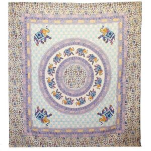 Mandala Elefanten Bettüberwurf oder Wandteppich, 210 x 190 cm, weißer Hintergrund mit buntem Elefantenmuster - Bettwäsche
