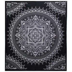 Schwarz-weißes Mandala-Bettüberwurf oder Wandteppich, 230cm x 200cm, hergestellt in Indien - Bettwäsche
