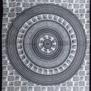 Schwarz-weiß Baumwoll-Mandala-Wandteppich mit Elefantenmuster - Bettwäsche