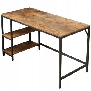 Fodym rusztikus barna számítógépasztal két polccal, ferde nézet - Fodym