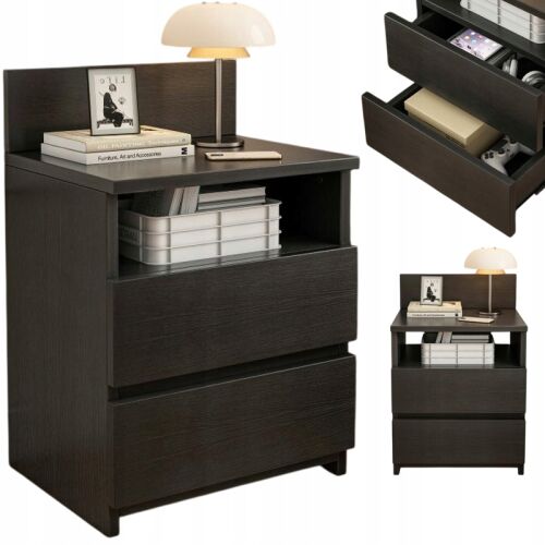 Kolaż czarnego stolika nocnego z dwiema szufladami i otwartą półką