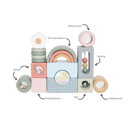 Jabadabado interaktivni set drvenih građevnih blokova s različitim teksturama i zvukovima, uključujući zvečke, zvono, kaleidoskop i slaganje duge. Savršeno za razvoj fine motorike i koordinacije.