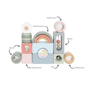 Set de blocuri de construcție interactive din lemn Jabadabado, cu texturi și sunete diferite, inclusiv zdrăngănele, un clopoțel, un caleidoscop și un curcubeu stivuibil. Perfect pentru dezvoltarea abilităților motorii fine și a coordonării. - Jocuri creative și de construcție