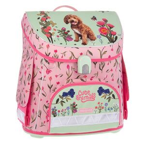 Az ARS UNA Cute Animals-Doggie iskolatáska elülső nézete, rózsaszín és zöld virágmintával, egy aranyos kutya illusztrációval - Ars Una
