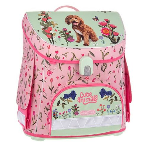 Az ARS UNA Cute Animals-Doggie iskolatáska elülső nézete, rózsaszín és zöld virágmintával, egy aranyos kutya illusztrációval
