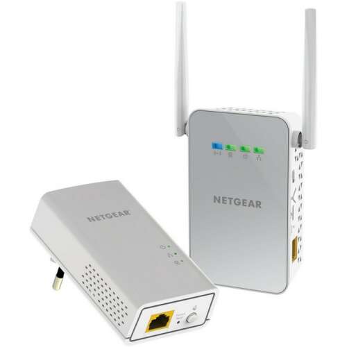 Netgear PLW1000 1000Mbps AC650 Gigabit Wireless Powerline Adapter Kit, zwei weiße Adapter mit Antennen, einer mit Ethernet-Anschluss