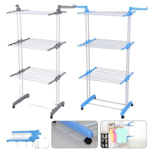 Collage of three-tier foldable clothes drying rack, detail of wheel, and clothes hanging - Clothes Dryer