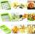 Set de tăietori de legume Nice Dicer Plus, verde și alb, detaliu al răzătoarei, julienne și al decojitorului, arătând exemple de legume tăiate
