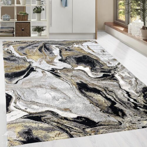 Modern márvány és fröcskölt mintás szőnyeg, fekete és arany, 160x220cm 