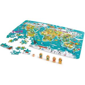 Hape Weltreise Puzzle und Spiel, 100-teiliges Weltkartenpuzzle mit Spielfiguren - Puzzle