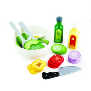 Set de joacă Hape Healthy Salad, set de mâncare din lemn pentru copii, include castron de salată, cuțit, furculiță, lingură, legume și sticle de dressing - Joacă alimente