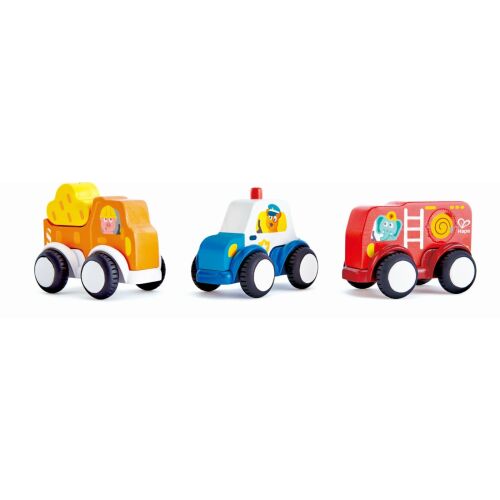 Hape City Pull-Back Vehicles 3 darabos készlet, tartalmaz egy rendőrautót, tűzoltóautót és egy kisbuszt, fából készült játékautók gyerekeknek