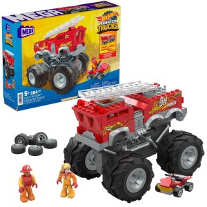 Hot Wheels Monster Trucks 5-Alarm Mega Set építőkészlet, piros szörnyeteg autó létrával, elülső nézet, extra kerekekkel és figurákkal - Mattel
