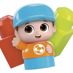 Mega Bloks Block Buddies figura, egy fiú focilabdás pólóval és kék sapkával - Mattel