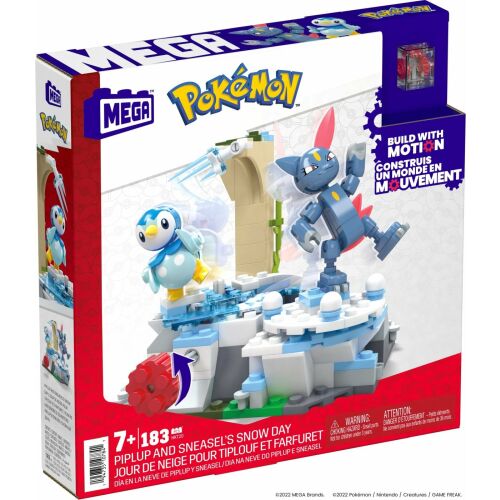 Set de construcție Mega Construx Pokemon Piplup și Sneasel's Snow Day, cu un mecanism mobil pentru personaje