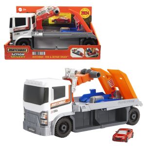 Matchbox Action Drivers Abschlepp- und Reparatur-LKW Spielzeug, mit einem weißen Abschleppwagen und einem roten Auto auf der Ladefläche, zeigt die Funktionen des Abschleppwagens - Mattel
