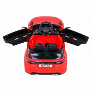 Czerwony samochód elektryczny Range Rover Velar dla dzieci, widok z tyłu z otwartymi drzwiami - Ramiz Pojazd elektryczny