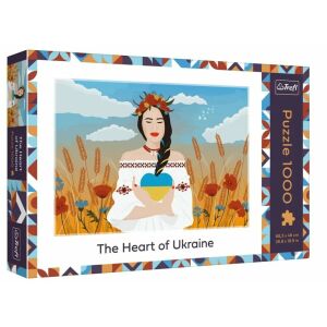 Puzzle Trefl 1000 de piese, Inima Ucrainei, prezentând o femeie în haine tradiționale ucrainene care ține o inimă cu steagul Ucrainei - Trefl Puzzle