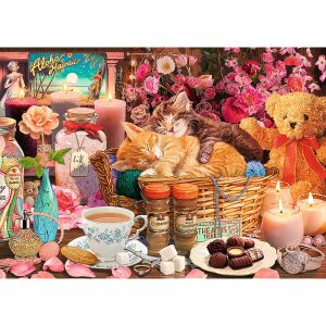 Trefl 1000-teiliges Puzzle, Tea Time, mit zwei Kätzchen, die in einem Korb mit Tee, Kerzen und anderen Gegenständen schlafen - Trefl Puzzle