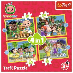 Puzzle Trefl Cocomelon 4 în 1, prezentând 4 scene diferite din serialul Cocomelon - Puzzle 3D & Puzzle cu burete
