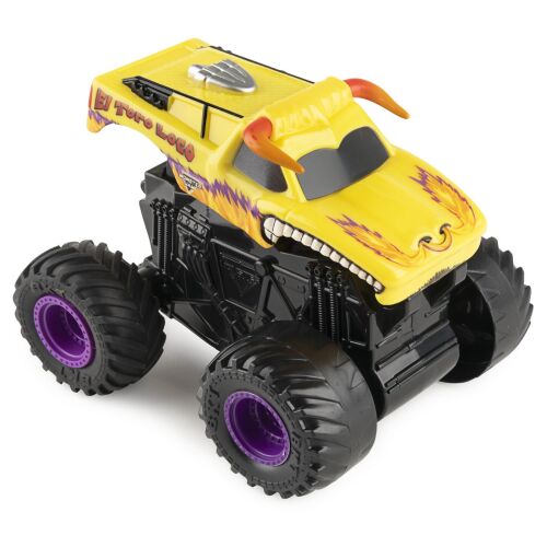 Monster Jam El Toro Loco Click & Flip játék autó, sárga és fekete, lila kerekekkel