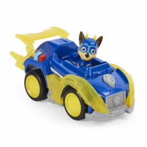 Paw Patrol Mighty Pups Super Paws Chase Deluxe Vozidlo hračka, modré auto so žltými kolesami a figúrkou Chase, pohľad spredu - Spin Master