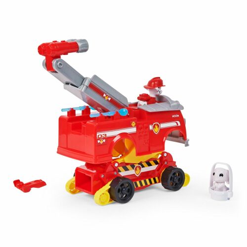 Zabawka Paw Patrol Marshall's Rise and Rescue, czerwony samochód strażacki z drabiną, figurką Marshalla i małą figurką Chickaletta