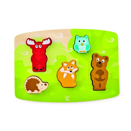 Hape Forest Animal Tactile Puzzle so všetkými zvieracími časťami na svojom mieste, zobrazujúci textílnu podšívku