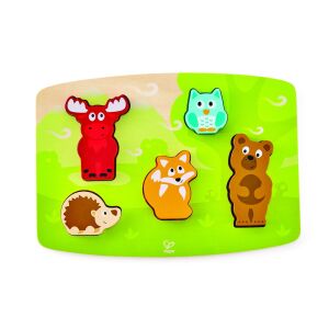 Hape Forest Animal Tactile Puzzle ze wszystkimi elementami zwierząt na miejscu, pokazujące tekstylne podłoże - Puzzle